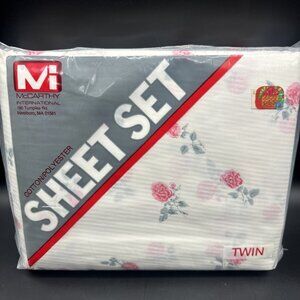 Vintage NOS McCarthy Twin Sheet Set Pink Floral Red Rose Cottagecore Girls Room